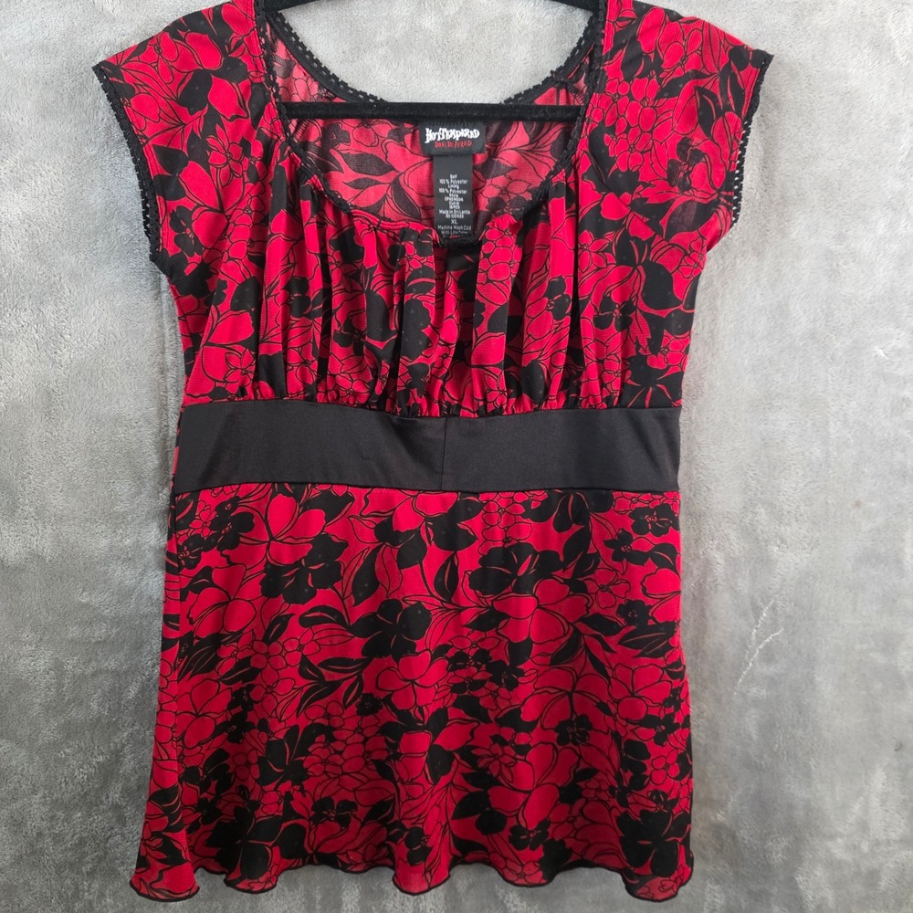 VTG Y2K Hot Tempered Red Floral Sheer Mesh Babydoll with Lace Trim XL